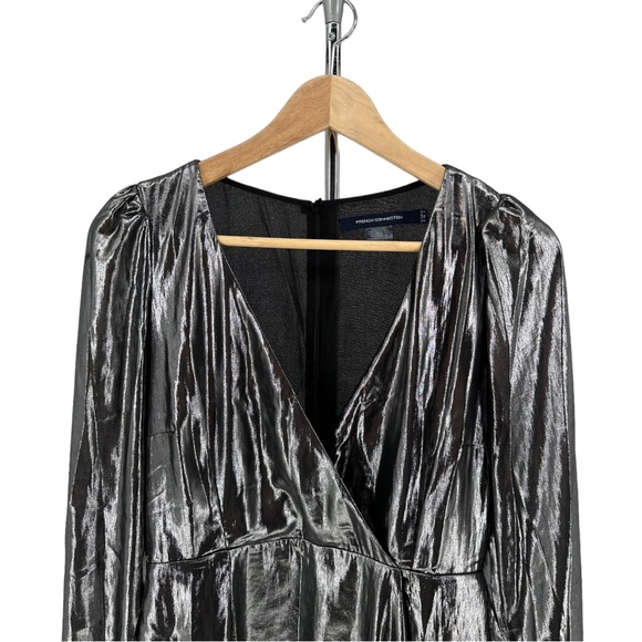 French Connection Silver Metallic Drape Faux Wrap Mini Dress Long Sleeves size 4 - Picture 4 of 11